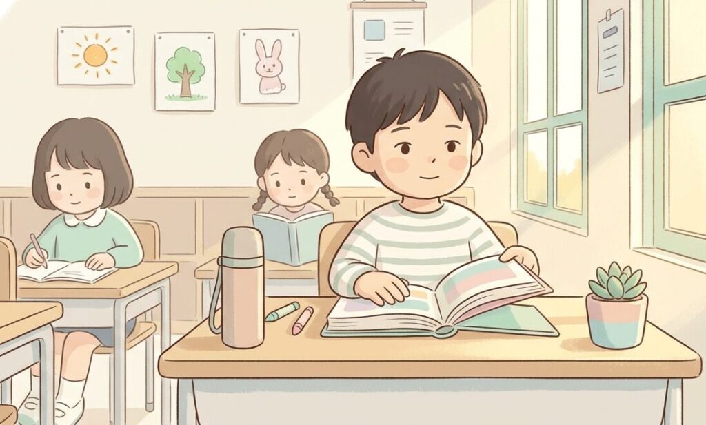 静かに教室で学ぶ男の子