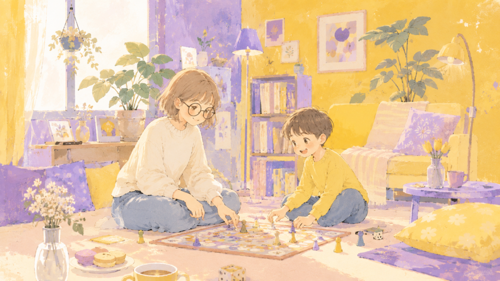 ボードゲームをして遊ぶ親子のイラスト