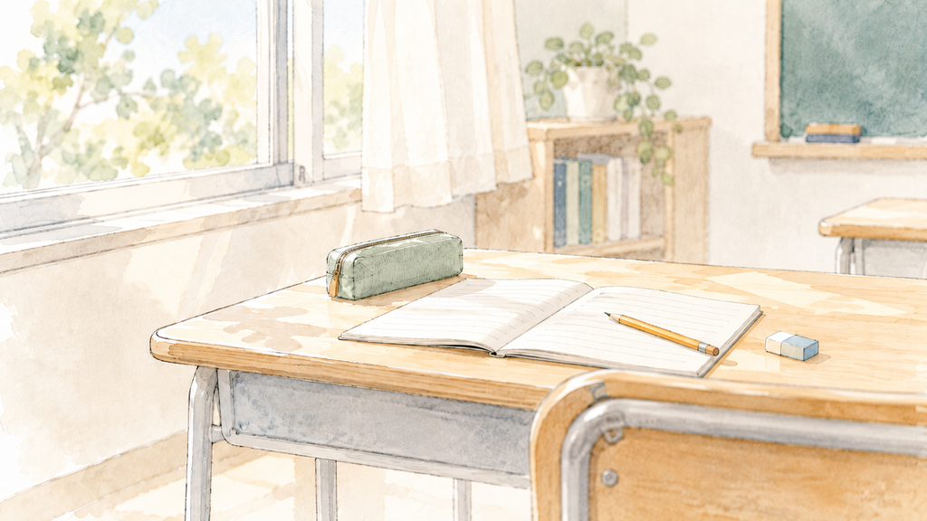 挿絵。小学校の教室全体ではなく窓側の一角。机1〜2台、開いたノート、鉛筆、消しゴム、薄いファイル